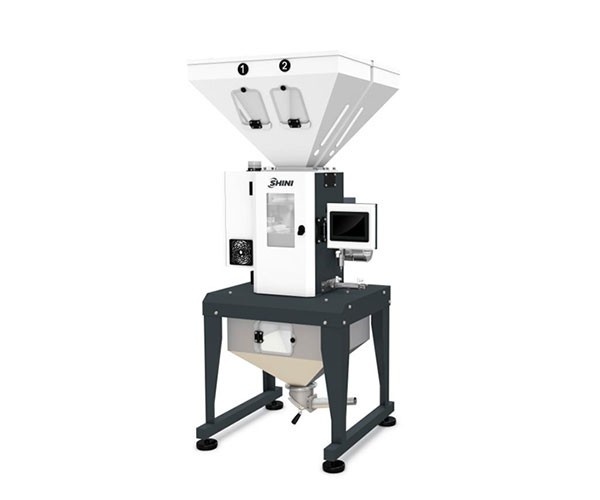 Tripod-mounted gravimetric blender installation for flexible floor setups.